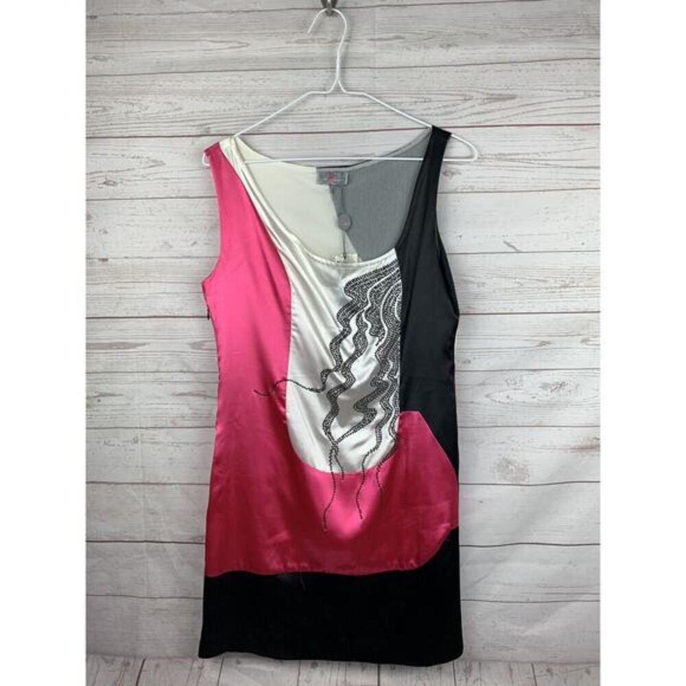 Body Language Top Womens Large beaded sleeveless tunic black/pink Shiny NEW